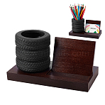 Rubber Tire Shaped Pen Holder, with Pine Wood Business Card Holder, for Office, School Supplies, Saddle Brown, 190x90x100mm(AJEW-WH0248-988A)