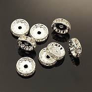 Brass Rhinestone Spacer Beads, Grade AAA, Straight Flange, Nickel Free, Silver Color Plated, Rondelle, Crystal, 12x4mm, Hole: 2.5mm(X-RB-A014-Z12mm-01S-NF)