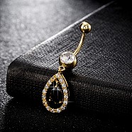 Piercing Jewelry, Brass Cubic Zirconia Navel Ring, Belly Rings, with 304 Stainless Steel Bar, Cadmium Free & Lead Free, Real 18K Gold Plated, teardrop, Black, 43x12mm, Bar Length: 3/8"(10mm), Bar: 14 Gauge(1.6mm)(AJEW-EE0003-10A)