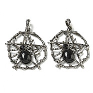 Natural Obsidian Pendants, Alloy Pentagram with Spider Charms, Antique Silver, 44.5x39x7mm, Hole: 7.5x6.5mm(G-P547-05AS-11)