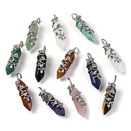 Natural & Synthetic Mixed Gemstone Double Terminal Pointed Pendants, Brass Flower Wrapped Faceted Bullte Charms, Platinum, 50x12x15mm, Hole: 9x5mm(G-C144-03P)