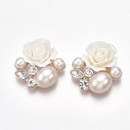 Alloy Cabochons, with ABS Plastic Imitation Pearl, Resin and Acrylic Rhinestone, Flower, Light Gold, White, 24.5~26x25x8~10mm(PALLOY-T066-09KC)