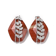 Natural Red Jasper Pendants, Faceted Rhombus Charm, with 304 Stainless Steel Leaf Findings, 34~35x22.5x10~11mm(G-H279-06A-P)