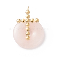 Natural Rose Quartz Pendants, with Ion Plating(IP) Golden Color Tone 304 Stainless Steel Findings, Religion Cross with Donut/Pi Disc Charm, 36~37x29~30x10~11mm, Hole: 3mm(G-E088-02G-02)