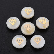 Natural Freshwater Shell Beads, with Golden Plated Brass Metal Embellishments, Flat Round with Diamond, Seashell Color, 8x3.5mm, Hole: 0.7mm(SHEL-S278-058)