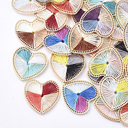Four-color Polyester Thread Woven Pendants, with Golden Plated Alloy Findings, Long-Lasting Plated, Heart, Mixed Color, 34x34x3mm, Hole: 0.8mm(FIND-S319-04)