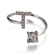 Alloy Cuff Rings, Open Rings, with Crystal Rhinestone, Platinum, Letter.T, US Size 7 1/4(17.5mm)(RJEW-I075-01P-T)