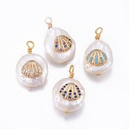 Natural Cultured Freshwater Pearl Pendants, with Brass Micro Pave Cubic Zirconia Findings, Nuggets with Shell, Golden, Mixed Color, 17~26x11~16x5~11mm, Hole: 1.6~2mm(PEAR-L027-58)