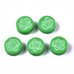 Handmade Polymer Clay Beads, for DIY Jewelry Crafts Supplies, Flat Round with Flower, Medium Spring Green, 9.5x3.5~5mm, Hole: 1.8mm(CLAY-N008-022D)