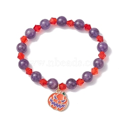 Halloween 8mm Round Natural Amethyst & Glass Beaded Stretch Bracelets, Alloy Enamel Pumpkin Charm Bracelets for Women, Inner Diameter: 2 inch(5.05cm)(BJEW-JB10701)