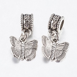 Tibetan Style Alloy European Dangle Charms, Large Hole Pendants, Butterfly, Antique Silver, 23mm, Pendant: 12x12.5x3mm, Hole: 4.5mm(PALLOY-F199-40AS)