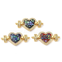 Rack Plating Brass Micro Pave Clear Cubic Zirconia Heart Links, with Enamel & Shell, Real 18K Gold Plated, Long-Lasting Plated, Lead Free & Cadmium Free, Mixed Color, 13x28x4mm, Hole: 1.4mm(KK-K385-106G)