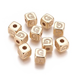 Brass Micro Pave Cubic Zirconia Beads, Horizontal Hole, Real 18K Gold Plated, Long-Lasting Plated, Cube with Letter, Clear, Letter.G, 9x9x9mm, Hole: 3.5mm(KK-K238-16G-G)