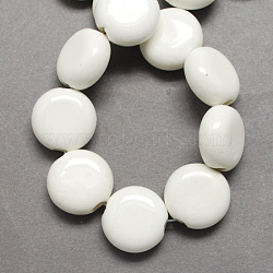 Handmade Porcelain Beads, Bright Glazed Porcelain, Flat Round, White, 15x14x7mm, Hole: 3mm(X-PORC-Q215-15x14mm-03)