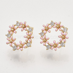 Brass Micro Pave Clear Cubic Zirconia Stud Earring Findings, with Enamel and Loop, Nickel Free, Flower, Real 18K Gold Plated, 14.5x14mm, Hole: 1mm, Pin: 0.7mm(KK-T054-38G-NF)