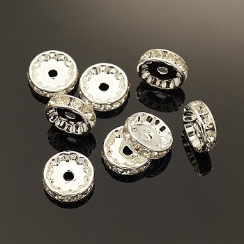 Brass Rhinestone Spacer Beads, Grade AAA, Straight Flange, Nickel Free, Silver Color Plated, Rondelle, Crystal, 12x4mm, Hole: 2.5mm
