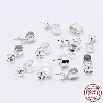 925 Sterling Silver Cup Pearl Bail Pin Pendants, For Half Drilled Beads, with 925 Stamp, Silver, 6x3mm, Hole: 3x4mm, Pin: 0.7mm