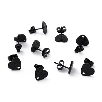 304 Stainless Steel Stud Earring Findings, with Ear Nuts, Textured Heart, Electrophoresis Black, 12x9mm, Hole: 1.4mm, Pin: 0.7mm