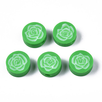 Handmade Polymer Clay Beads, for DIY Jewelry Crafts Supplies, Flat Round with Flower, Medium Spring Green, 9.5x3.5~5mm, Hole: 1.8mm