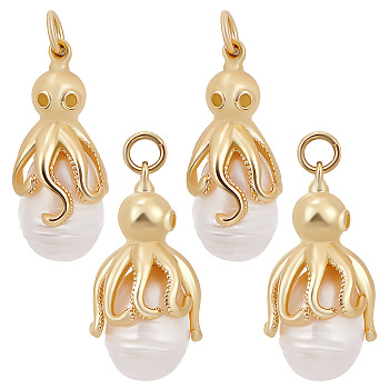 4Pcs Shell Pearl Pendants, with Brass Pave Clear Cubic Zirconia Findings, Cadmium Free & Lead Free, Long-Lasting Plated, Oval with Octopus Charm, Real 18K Gold Plated, 25x11x13mm, Hole: 3mm