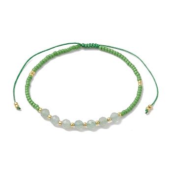 Adjustable Natural Green Aventurine & Seed Braided Bead Bracelets, Inner Diameter: 1-3/4~3-3/8 inch(4.6~8.7cm)