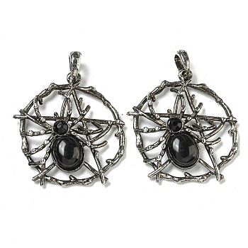 Natural Obsidian Pendants, Alloy Pentagram with Spider Charms, Antique Silver, 44.5x39x7mm, Hole: 7.5x6.5mm