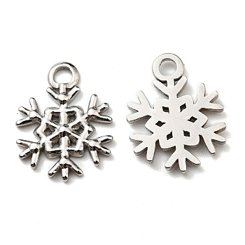 304 Stainless Steel Pendants, Christmas Theme, Snowflake Charm, Stainless Steel Color, 15x12x1.5mm, Hole: 2mm