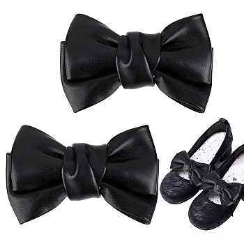 Bowknot Imitation Leather Shoe Decorations, 201 Stainless Steel Detachable Shoe Buckle Clips , Black, 78x56x24mm