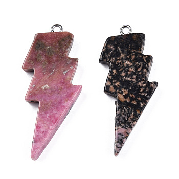 Natural Rhodonite Pendants, Lightning Bolt Charm, with Stainless Steel Color Tone 304 Stainless Steel Loops, 40~44.5x17~20x4.5~6mm, Hole: 2mm