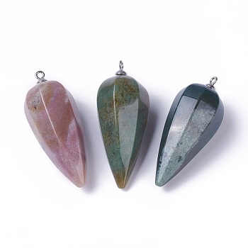 Natural Indian Agate Pointed Pendants, with Stainless Steel Findings, Cone, Stainless Steel Color, 50~53x19~21mm, Hole: 2mm
