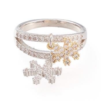Brass Micro Pave Clear Cubic Zirconia Finger Rings, Long-Lasting Plated, Snowflake, Platinum & Golden, Size 7, 17mm