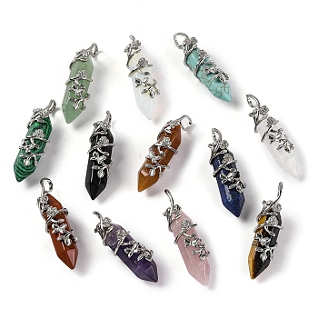 Natural & Synthetic Mixed Gemstone Double Terminal Pointed Pendants, Brass Flower Wrapped Faceted Bullte Charms, Platinum, 50x12x15mm, Hole: 9x5mm