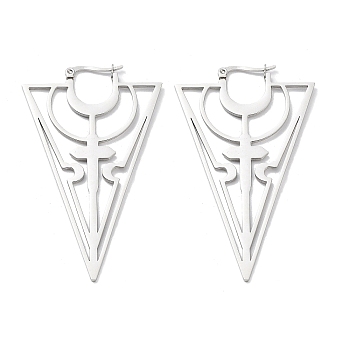 304 Stainless Steel Hollow Triangle with Cross Hoop Earrings for Women, Stainless Steel Color, 66x38x1~2mm