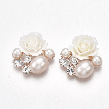 Alloy Cabochons, with ABS Plastic Imitation Pearl, Resin and Acrylic Rhinestone, Flower, Light Gold, White, 24.5~26x25x8~10mm