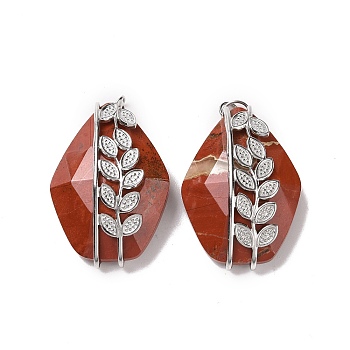 Natural Red Jasper Pendants, Faceted Rhombus Charm, with 304 Stainless Steel Leaf Findings, 34~35x22.5x10~11mm
