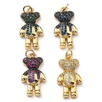 Brass with Cubic Zirconia Pendants, Long-Lasting Plated, Lead Free & Cadmium Free, Real 18K Gold Plated, Bear, Mixed Color, 22.5x12.5x4.5mm, Hole: 3mm