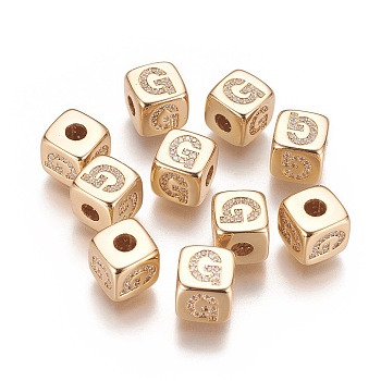 Brass Micro Pave Cubic Zirconia Beads, Horizontal Hole, Real 18K Gold Plated, Long-Lasting Plated, Cube with Letter, Clear, Letter.G, 9x9x9mm, Hole: 3.5mm