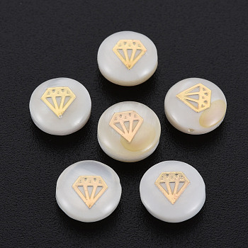 Natural Freshwater Shell Beads, with Golden Plated Brass Metal Embellishments, Flat Round with Diamond, Seashell Color, 8x3.5mm, Hole: 0.7mm