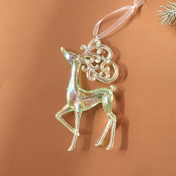 Christmas Transparent Plastic Pendant Decoration, for Christma Tree Hanging Decoration, with Iron Ring and Net Gauze Cord, Pale Green, Deer, 215mm, Deer: 141x74.5x16mm