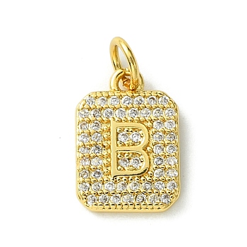 Rack Plating Brass Micro Pave Clear Cubic Zirconia Charms, Long-Lasting Plated, Lead Free & Cadmium Free, Rectangle with Letter Pattern, with Jump Ring, Real 18K Gold Plated, Letter B, 14x9.5x2mm, Hole: 3mm