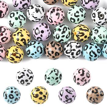 28Pcs 7 Colors Printed Opaque Acrylic Beads, Round with Leopard Print Pattern, Mixed Color, 15.5mm, Hole: 2mm, 4pcs/color