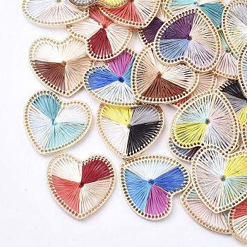Four-color Polyester Thread Woven Pendants, with Golden Plated Alloy Findings, Long-Lasting Plated, Heart, Mixed Color, 34x34x3mm, Hole: 0.8mm