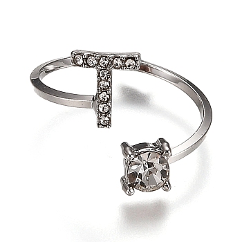 Alloy Cuff Rings, Open Rings, with Crystal Rhinestone, Platinum, Letter.T, US Size 7 1/4(17.5mm)