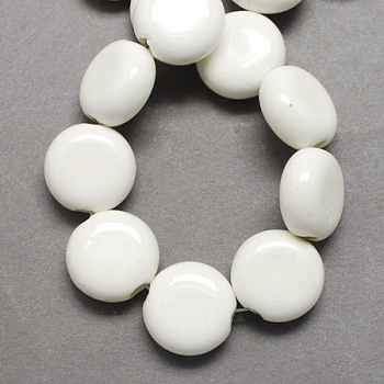 Handmade Porcelain Beads, Bright Glazed Porcelain, Flat Round, White, 15x14x7mm, Hole: 3mm