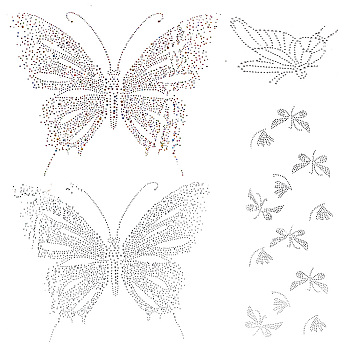 4Pcs 4 Styles Butterfly Glass Hotfix Rhinestone, Iron on Appliques, Costume Accessories, for Clothes, Bags, Pants, Colorful, 155~395x108~340x1mm, 1pc/style