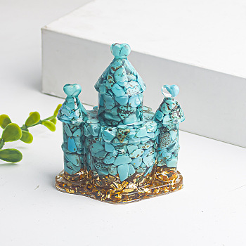 Resin Castle Display Decoration, with Synthetic Turquoise Chips inside Statues for Home Office Decorations, 63x44x73mm