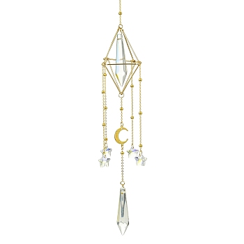 Brass Pouch Cone Hanging Ornaments, Star & Cone Glass Tassel Suncatchers for Home Outdoor Decoration, Golden, 295mm