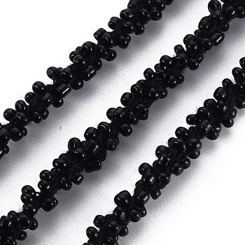 Polyester Cord, with Glass Seed Beads, Black, 1/4 inch(5~6mm)