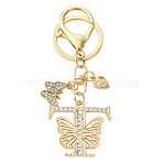 Alloy Rhinestone & Iron Keychain, Butterfly, with Rings and Clasps, Letter T, 95mm(KEYC-YW00279-01)