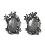 Natural Labradorite Pendants, Oval Charms with Brass Leaves, Antique Silver, Lead Free & Cadmium Free, 28x21x9mm, Hole: 6.5x3mm(G-H083-01AS-03)